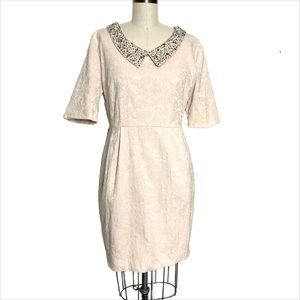 Darling jeweled collar dress tan damask retro style pockets - size large